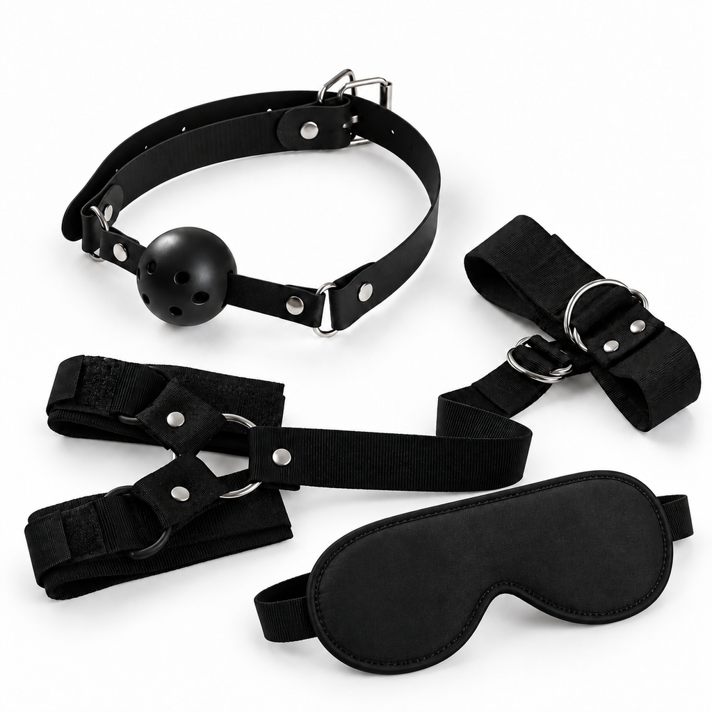 Set Bondage Completo – Benda, Morsa a Palla e Restrainer Collo-Polsi
