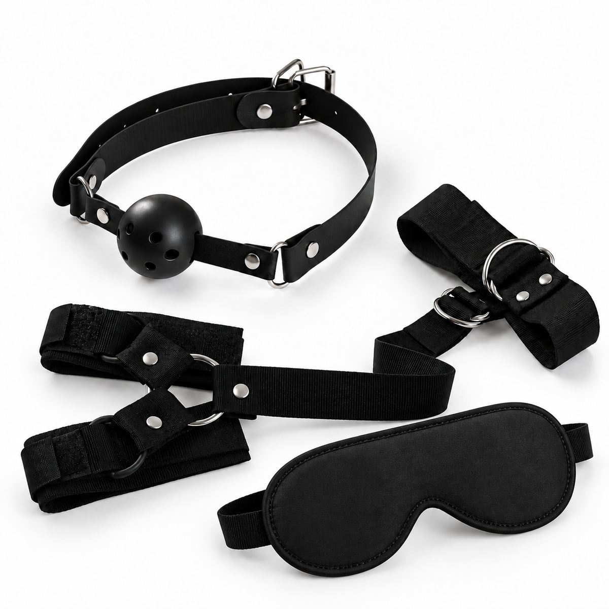 Set Bondage Completo – Benda, Morsa a Palla e Restrainer Collo-Polsi